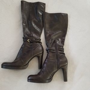 EUC Bandolini platform faux snakeskin below the knee boots zip strappy buckle